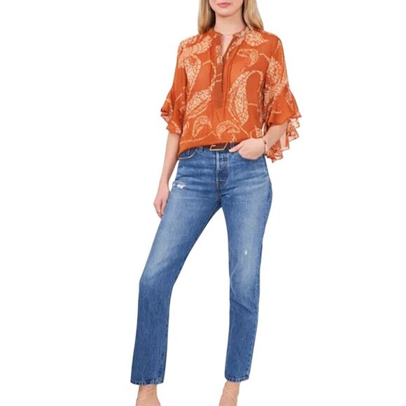 Vince Camuto Pintuck Ruffle Cuff Blouse Rust Leaf Pattern Subtle Sparkle Size L - Picture 5 of 12